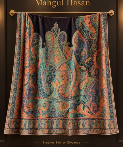 Black paisley shawl featuring intricate teal and burnt-orange motifs with an ornate border.